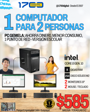 PC Gemela Para 2 Personas.  Core i3-10100. 8Gb - 250Gb M.2 - 2 Monitores 19" - 2 Teclados/Mouses - Escolar
